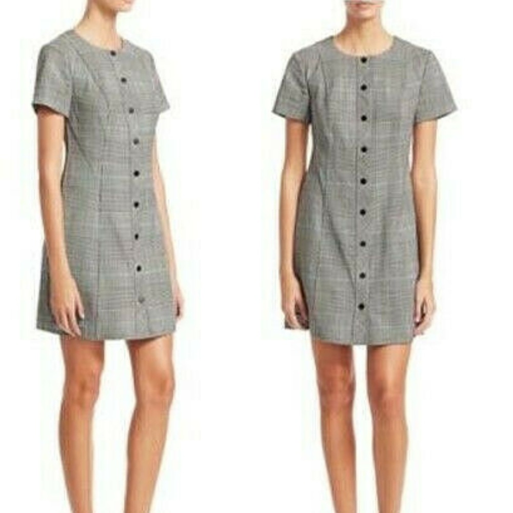 Theory Easy Snap Wool-Blend Windowpane Portland Shift Dress Short Sleeve Large